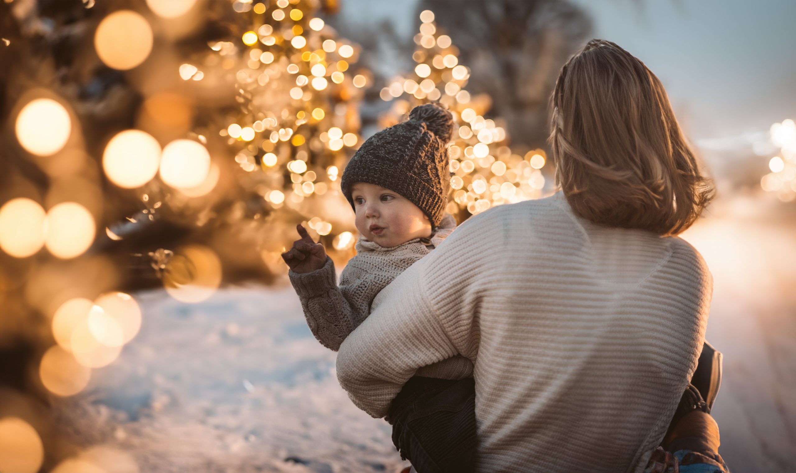 parent holding baby who is wearing a hat. they are standing in front of trees lit by white holiday lights.