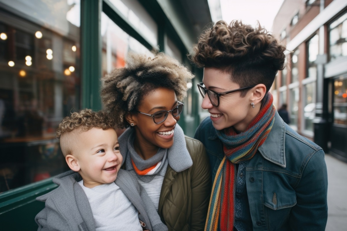 Couple and baby looking at one another and smiling.