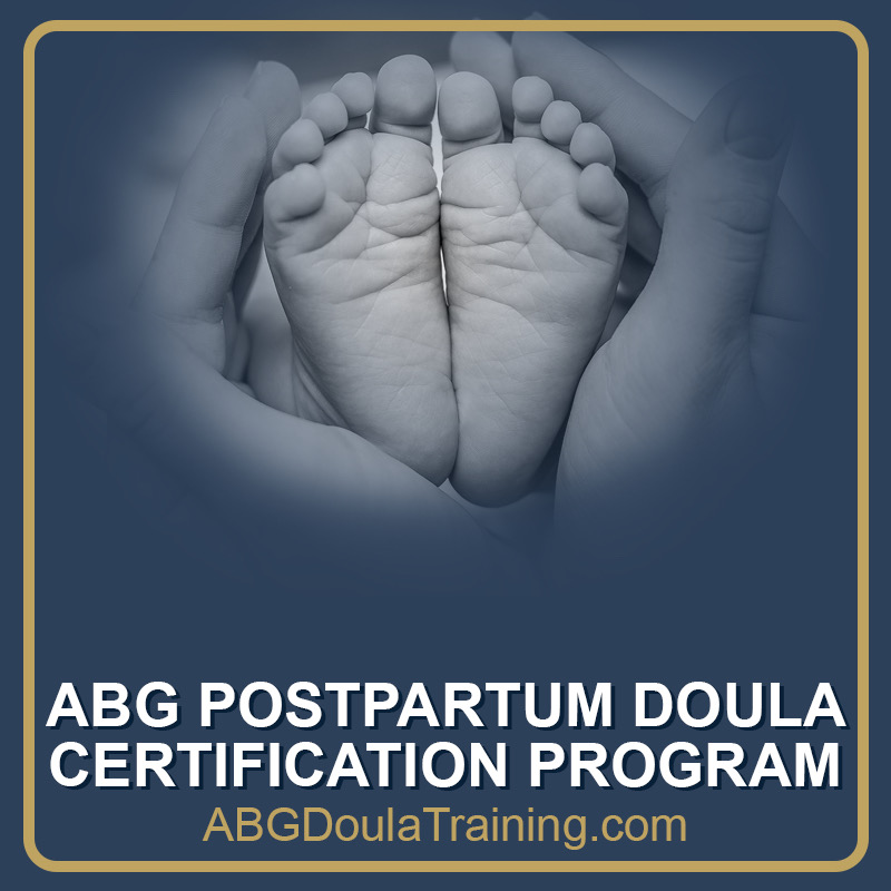 graphic that says "abg postpartum doula certification program" with web address "abgdoulatraining.com"